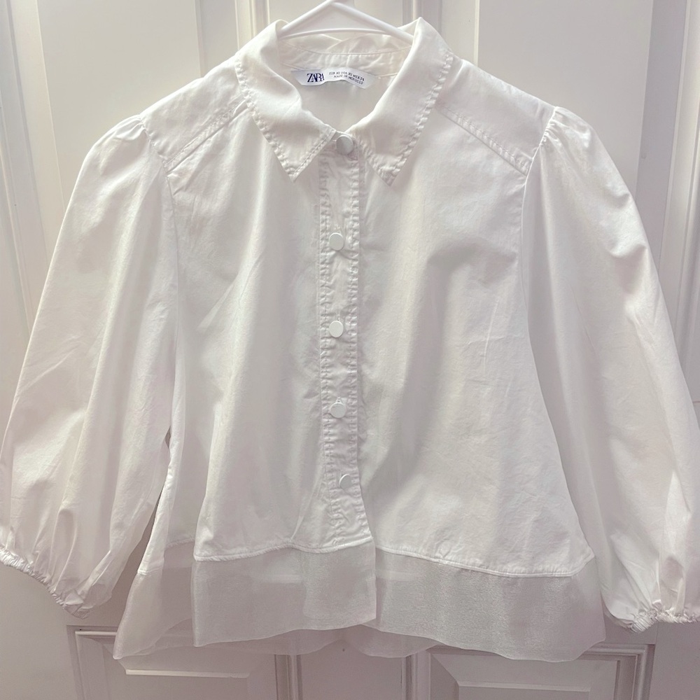 ZARA Puff Sleeves Cropped Shirt - White - XS